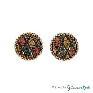 Vintage 1970s Sarah Coventry Round Multicolor Mosaic Gold Tone Clip On Earrings